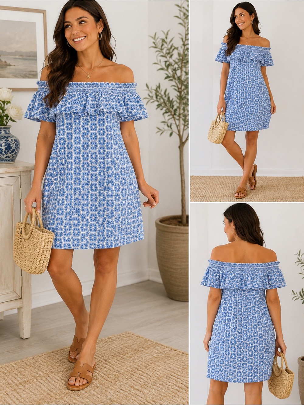 Vineyard Vines Blue & White Off Shoulder Ruffle Dress XS